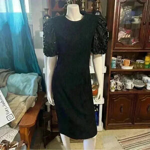 Vintage Leslie Fay Black Crepe Texture Crystals & Ribbon Applique Dress Size 10